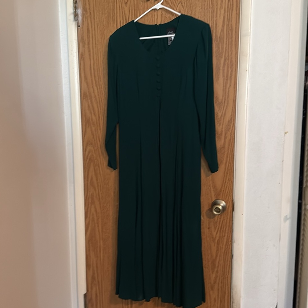 Vtg 90s Brett Alixander LS Button Pleat Front Maxi Dress Green Size 15/16